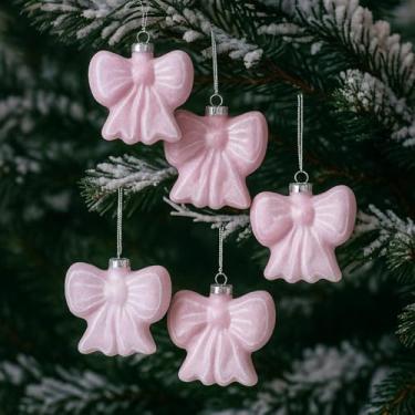 Imagem de Hollowfly 12 peças de decoração de árvore de Natal com laço rosa 3D enfeite de bola de vidro com glitter para pendurar em árvore de Natal, festa de casamento, guirlanda de decoração interna
