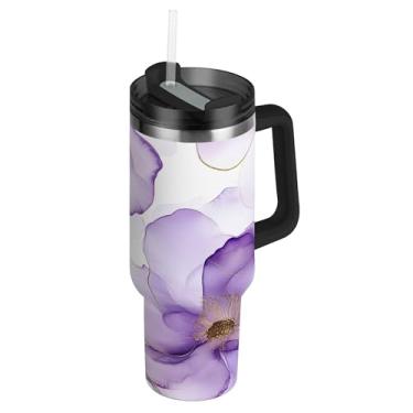 Imagem de SEHANY Copo de mármore roxo de 1,134 g com tampa e canudo, aço inoxidável de vácuo duplo isolado garrafa de água esportiva suporte para copo de café de viagem à prova de vazamento para bebida gelada