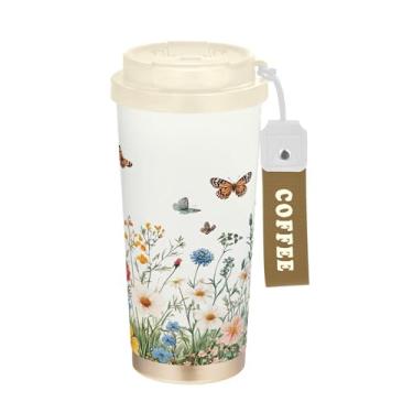 Imagem de SEHANY Caneca de viagem borboleta e flores de 482 ml Copos de café reutilizáveis revestidos de cerâmica com tampa à prova de vazamento, parede dupla, isolamento a vácuo, copo de café de aço inoxidável