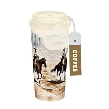 Imagem de SEHANY Caneca de viagem vintage caubói ocidental 482 g xícaras de café reutilizáveis revestidas de cerâmica com tampa à prova de vazamento, parede dupla, isolamento a vácuo, copo de café de aço