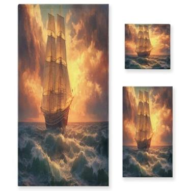 Imagem de Blueangle Conjunto de toalhas de pintura a óleo de navio à vela - 3 peças de toalhas de banheiro absorventes macias para spa e decoração de casa (inclui banho, toalha de mão e toalha) #158
