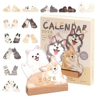 Imagem de QZAVIRE Calendário mensal de mesa 2026 para gatos e cães – presente para amantes de animais de estimação, calendário de mesa 3D com base de madeira e páginas de planejamento, agenda de mesa com tema