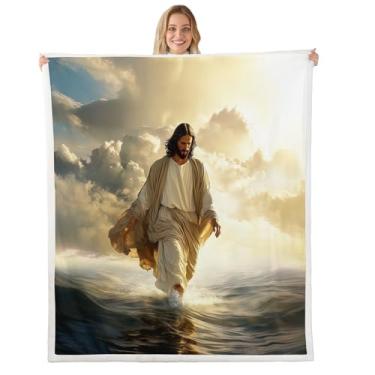 Imagem de Manfei Cobertor infantil God Walking on Water, cobertor de cama com versículo bíblico da fé ocidental, arte espiritual moderna decoração de sofá para meninas, meninos, cobertor felpudo amarelo, 102 x
