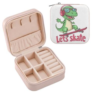 Imagem de Qilmy Dinossauros brincando de skate e viagem, caixa de joias de viagem, mini estojo de viagem, estojo organizador de joias, caixas de armazenamento pequenas e portáteis 150