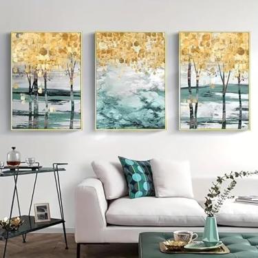 Imagem de Arte abstrata de árvore dourada de 3 peças acima do sofá 20 x 30 cm, presente de arte de parede para casa moderna, escritório, sala de estar, decoração de quarto, pôster em tela sem moldura, presente