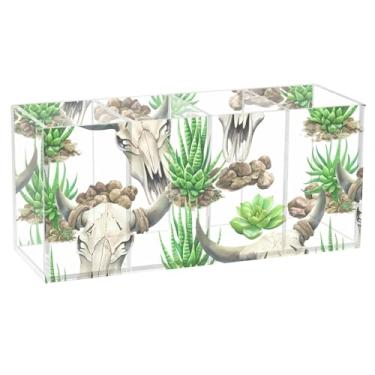 Imagem de Burbuja Porta-canetas de acrílico com caveiras de vaca, 4 compartimentos, suporte de lápis transparente para pincéis de maquiagem, acessórios de mesa de escritório em casa
