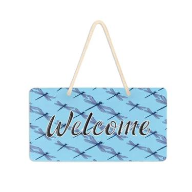 Imagem de Burbuja Placa de boas-vindas Dragonflies on Blue para porta da frente, placa de boas-vindas de PVC para decoração de férias, 15 x 28 cm
