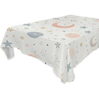 Imagem de Burbuja Toalha de mesa com pontos estrelas, lua, toalha de mesa retangular, anti-rugas, grossa para decoração de jantar, cozinha, festa, 137 x 183 cm