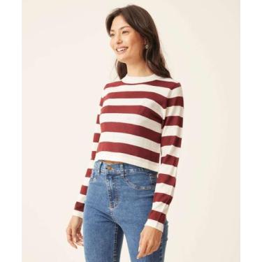 Imagem de Suéter Feminino Cropped Listrado Tricô Marisa-70900, PP, Branco, Vinho