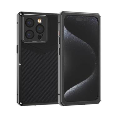 Imagem de Capa luxuosa de fibra de carbono com alumínio para iPhone 15 Pro de 6,1 polegadas, capa protetora de telefone militar à prova de choque com protetor de tela de vidro temperado proteção contra quedas