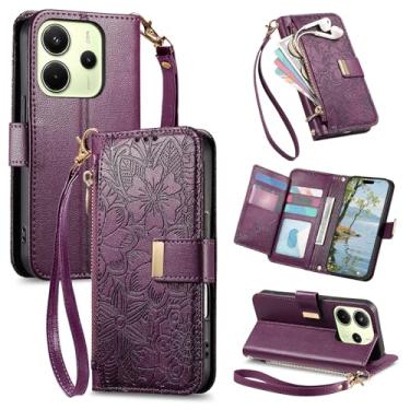 Imagem de Monwutong Carteira com zíper para Xiaomi Redmi Note 14 4G, capa de couro com estampa de flores com compartimentos para cartão Muliti e fecho magnético duplo com cordão bolsa de mão para Redmi Note 14