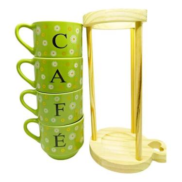 Imagem de Jogo 4 Xícaras Verde Hotel 200ml C/ Suporte Pinus - Café - Lu Porcelan