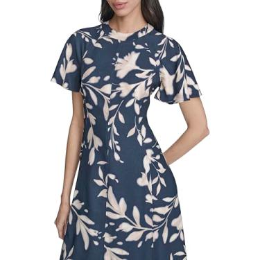 Imagem de Calvin Klein Vestido feminino midi evasê crepe com gola redonda e manga esvoaçante, Índigo/Caju, 50