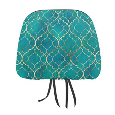 Imagem de Azulejos marroquinos verdes azul-petróleo sem costura com geométrico dourado dourado 2 peças capas de proteção universal para assento de carro, capa macia para encosto de cabeça de carro, acessórios