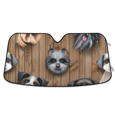 Imagem de Caras de cachorro fofas de madeira marrom para-brisa de carro sombra de sol bonito personalizado retrátil janela de carro para-brisa frontal floral animal S, 134,6 cm x 59,7 cm