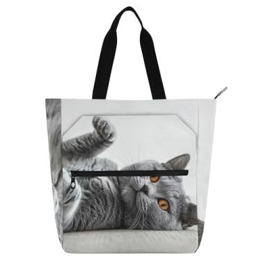 Imagem de Bolsa feminina gatinho cinza gato fofo bolsa de trabalho lona com zíper bolsa de praia bolsa de mão todos os dias amantes de livros presentes