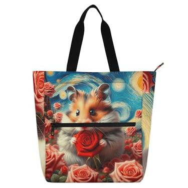 Imagem de GAIGEO Starry Night Hamster Rose Flowers Bolsas femininas para trabalho lona faculdade escola bolsas bolsas professores amantes de livros