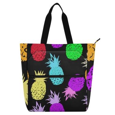 Imagem de GAIGEO Bolsa feminina abacaxi cores pretas para trabalho, lona, zíper, bolsa de praia, professores, amantes de livros