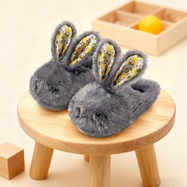 Imagem de Chinelos infantis para meninos e meninas, sapatos de casa de coelho, antiderrapante, quente, macio, para inverno, felpudo, para uso interno, cinza escuro, Cinza escuro, 12-13 Little Kid