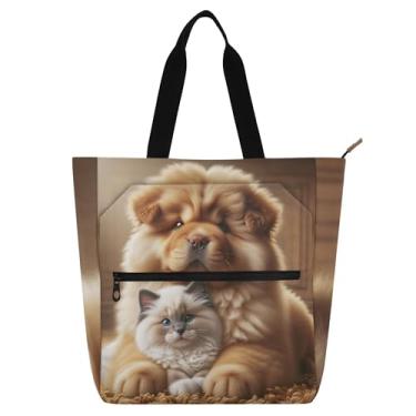 Imagem de GAIGEO Bolsa de trabalho feminina Chow Chow Chow Dog Cute Kitten Cat Bolsa de lona com zíper bolsa de praia utilitária infantil com compartimentos