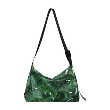Imagem de Bolsa de ombro transversal de couro azul e branca, bolsa de couro com zíper, bolsa de ombro transversal para mulheres, Folhas tropicais e folhas verdes-1, One Size