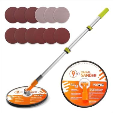 Imagem de POLIWELL Lixadeira de poste de drywall de 23 cm com haste de extensão de 9 cm - cabeça de lixamento rotativa de 360° para paredes e tetos, inclui 12 discos de lixa (grãos 100/180/240)