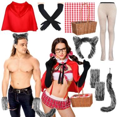 Imagem de JenPen Fantasia de casal de Halloween, Chapeuzinho Vermelho, fantasia de adulto, grande lobo malvado, acessórios, incluindo capa com capuz, cesta, luva, meia-calça arrastão, grande lobo malvado