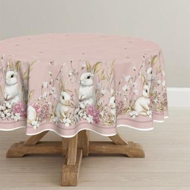Imagem de Horaldaily Toalha de mesa redonda de Páscoa, 178 x 177 cm, rosa, coelhinho da Páscoa, lavável, para decoração de festa, piquenique, jantar