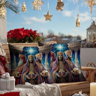 Imagem de HOMETITUTE Conjunto de 2 capas de almofada Three Kings 45,7 x 45,7 cm, decoração macia de três homens sábios, cena de presente real, estrela de belém, capas de almofada quadradas de linho para