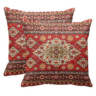 Imagem de Britimes Capas de almofada, decoração de arte asteca Kilim para casa, 45,7 x 45,7 cm, conjunto de 2 capas de sofá, fronhas de pintura a óleo abstrata para quarto, sala de estar, vermelho étnico turco