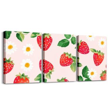 Imagem de jejeloiu Arte de parede em tela de morango para sala de estar quarto margarida decoração de parede para banheiro frutas crianças meninos meninas arte pôsteres pintura de flores 30,5 x 40,6 cm x 3