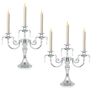Imagem de KEHAIL Candelabro de metal de 3 braços com pingentes de cristal - Castiçais de 29 cm de altura, conjunto de 2 - Suporte elegante para castiçal cônico para casamento, mesa de jantar, decoração de casa