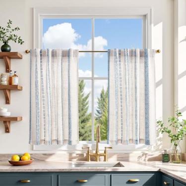 Imagem de jinchan Liora Boho Cortinas de cozinha 76 cm de linho com padrão geométrico Bohemian Cafe pequena filtragem de luz tratamento de janela para sala de estar RV aba traseira 2 painéis azul em linho