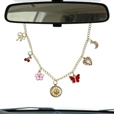 Imagem de Berloque de espelho retrovisor para carro, acessórios dourados para pendurar com laço cruzado, cereja, rosa, margarida, sol, borboleta, lua, presentes, decoração de carros, fé cristã, acessórios de