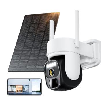 Imagem de Câmera de segurança solar Hawkray para ambientes externos sem fio: zoom 3x, resolução 2K, controle panorâmico de 360°, Wi-Fi 2,4 e 5G, áudio bidirecional, sirene, detecção de movimento PIR