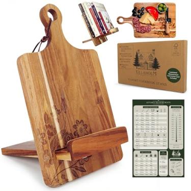 Imagem de ULLAHOLM Suporte ajustável de livro de receitas de acácia, suporte versátil para livro de receitas, suporte reversível para balcão de cozinha, suporte de livro de culinária para presente, suporte de