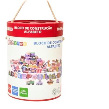 Imagem de Bloco de Construção Infantil Alfabeto Balde Grande 100 Peças Educativo de Madeira