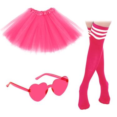 Imagem de Yymobt Fantasia de tutu para adultos, saias tutu femininas, saia de tule, 3 camadas com óculos de sol de coração, meias tubulares para festa, dança, cosplay