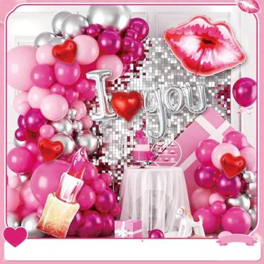 Imagem de 106 peças de decorações de dia dos namorados rosa com balões vermelhos de coração e balão do amor, pétalas de rosa falsas para decoração de casamento, decorações de aniversário românticas com balões
