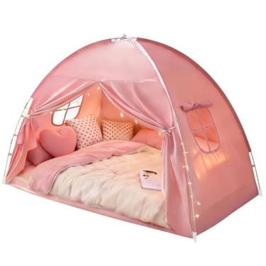 Imagem de Tenda para cama tamanho solteiro – espaço de dormir com privacidade com design blackout, respirável e portátil, para transição de crianças, uso no chão do quarto com corrente de ar (rosa, 75 x 54 x 51