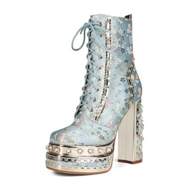 Imagem de Feinlina Botas femininas plataforma de salto bloco cowgirl para mulheres, tecido bordado vermelho, pedras preciosas, bico fechado, vestido de festa de casamento, Verde, 35