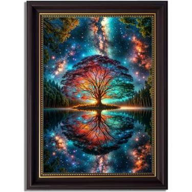 Imagem de Arte de parede em tela de árvore da vida emoldurada em ouro preto céu estrelado imagens de reflexão decoração de parede moderna abstrata pôster arte impressa para sala de estar, sala de ioga, hotel