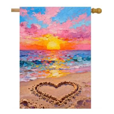 Imagem de ShineSnow Love on The Beach Pintura a óleo beira-mar nascer do sol dia dos namorados bandeira da casa 71 cm x 101 cm poliéster dupla face bem-vindo grande quintal bandeira de jardim bandeiras para