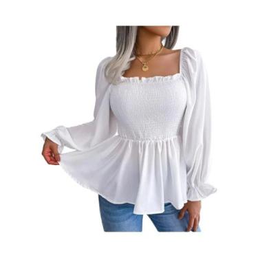 Imagem de Blusa De Chiffon Feminina De Manga Longa Com Ruffles E Peplum, Cor Sól