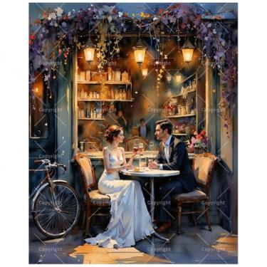 Imagem de Kit Love Paint by Numbers para adultos - DIY elegante casal brindando à noite café pintura em tela 40,6 x 50 cm, conjunto de tinta acrílica, adequado para iniciantes, arte noturna para decoração ou
