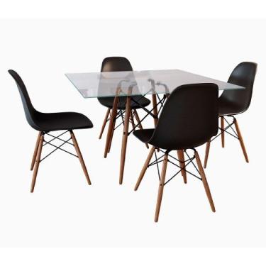 Imagem de Jogo De Mesa Eames Tampo Quadrado Vidro 90cm 4 Cadeiras Pretas - House