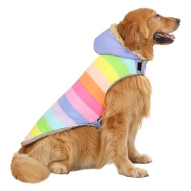 Imagem de HDE Casaco acolchoado para cães forrado com lã quente parka para cães casaco de inverno com furo de arreio arco-íris pastel - G