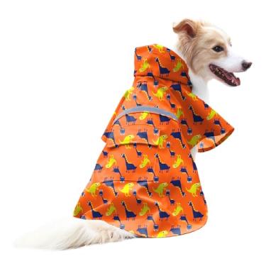 Imagem de Capa de chuva para cães grandes dinossauros ajustável para animais de estimação roupas à prova d'água leve jaqueta de chuva poncho com tira refletiva (M, dinossauro laranja)