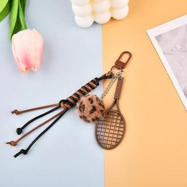 Imagem de Chaveiro de bola de pelúcia bolsa leopardo pingente de raquete chaveiro de corda tecida para bolsas, berloque de mochila para bolsa, acessórios de leopardo Y2K para mulheres, tênis vintage, presente