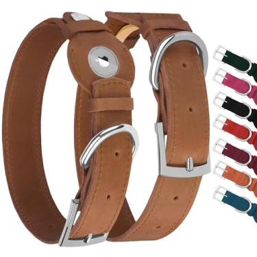 Imagem de Coleira de couro para cães com suporte para Airtag – Coleira para cães Apple Air Tag – Coleira macia para animais de estimação para cães pequenos, médios e grandes (marrom, P, ajuste de pescoço de 23